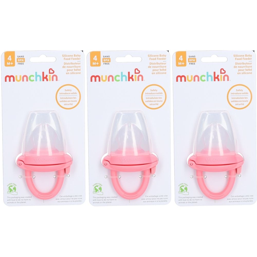 Drei Baby-Fruchtsauger in Verpackung. Rosa Silikon-Sauger mit Griff. Marke: munchkin. Altersempfehlung: 4+ Monate.