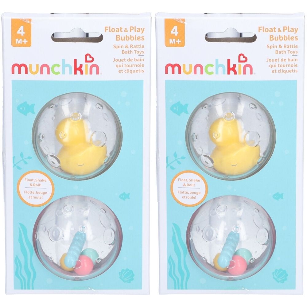 Verpackung mit zwei Badespielzeugen. Oben gelbe Ente, unten farbige Rasseln in transparenten Kugeln. Marke: munchkin.