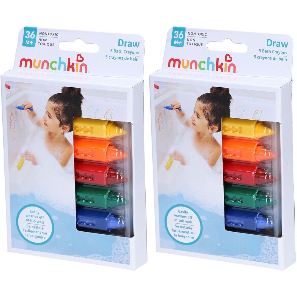 Zwei Packungen Badestifte. Jede Packung enthält 5 Stifte in Gelb, Orange, Rot, Grün und Blau. Marke: munchkin.