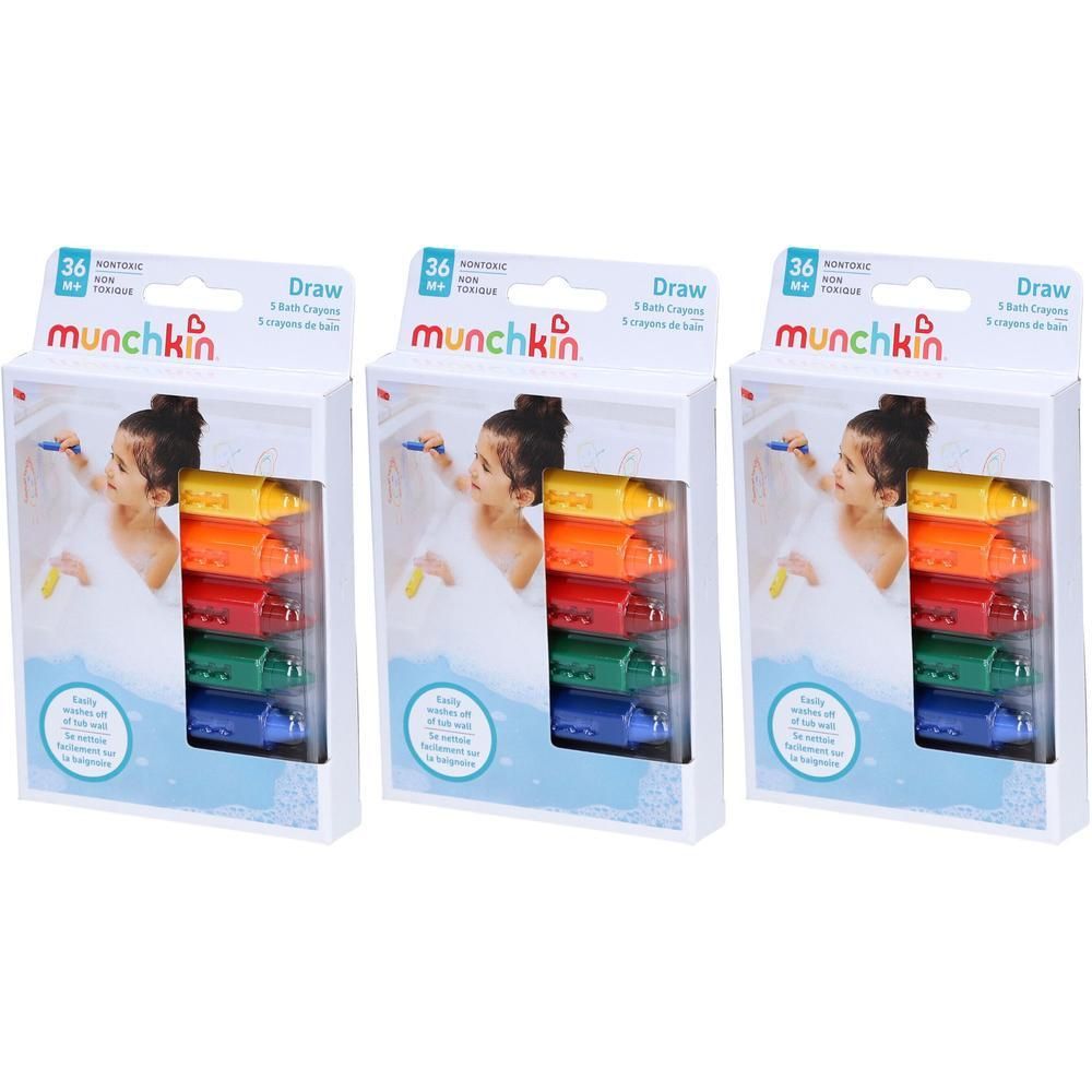 Trois paquets de crayons de bain Munchkin, chacun contenant 5 crayons de couleur rouge, orange, jaune, vert et bleu.