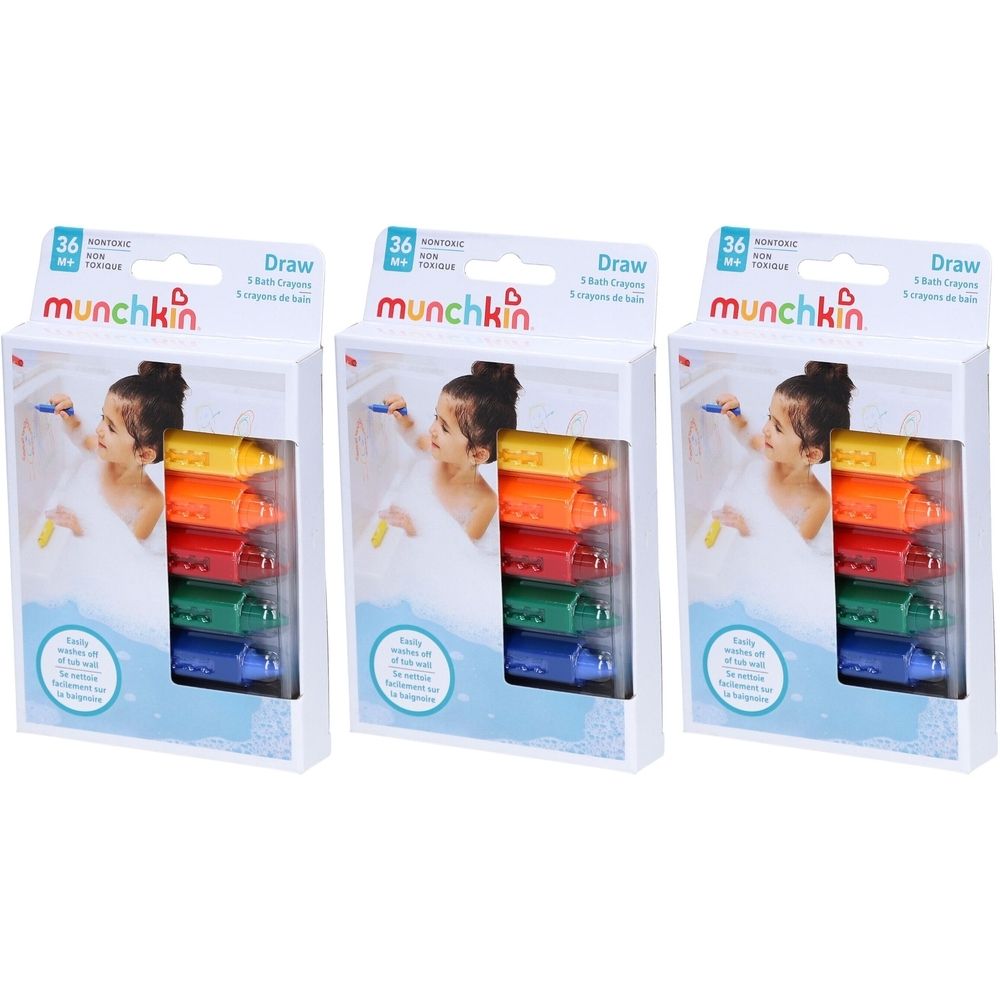 Drei Packungen mit Badestiften. Jede Packung enthält sechs farbige Stifte. Auf der Verpackung ist ein Kind in der Badewanne abgebildet.