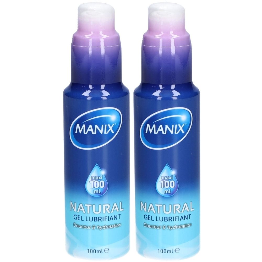 Zwei blaue Flaschen mit weiß-lila Sprühkopf. Aufschrift MANIX, NATURAL Gel Lubrifiant, 100 ml. Wasser-Tropfen-Symbol.