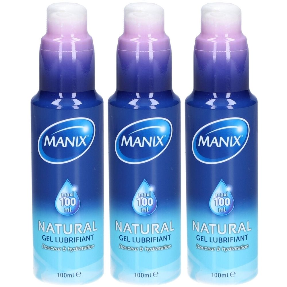Drei blaue Flaschen mit weiß-violettem Deckel. Auf jeder Flasche steht "MANIX", "NATURAL GEL LUBRIFIANT" und "100 ml".