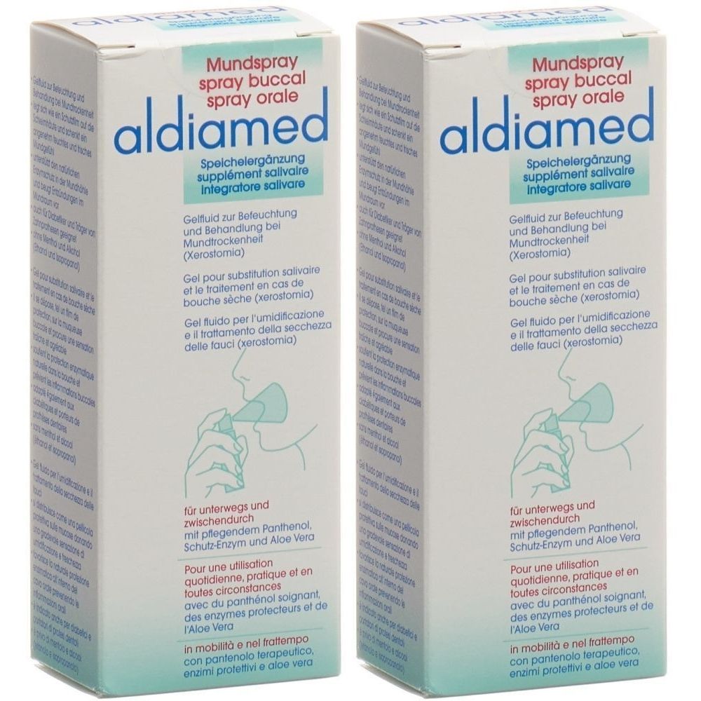 Deux boîtes blanches avec impression du produit. Inscription : aldiamed spray buccal. Illustration d'une personne pulvérisant un spray dans la bouche.