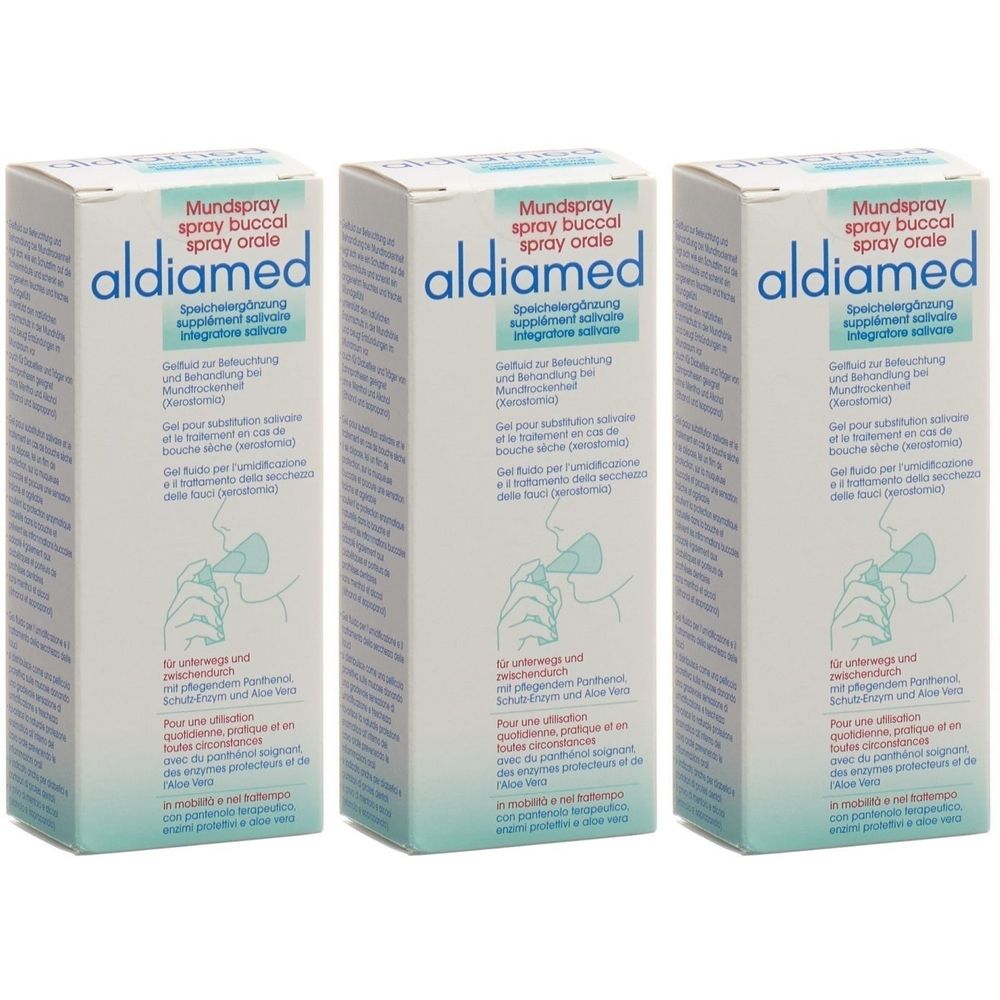 Trois boîtes de spray buccal aldiamed. Emballage blanc avec texte bleu et vert. Nom du produit et exemples d'utilisation imprimés.