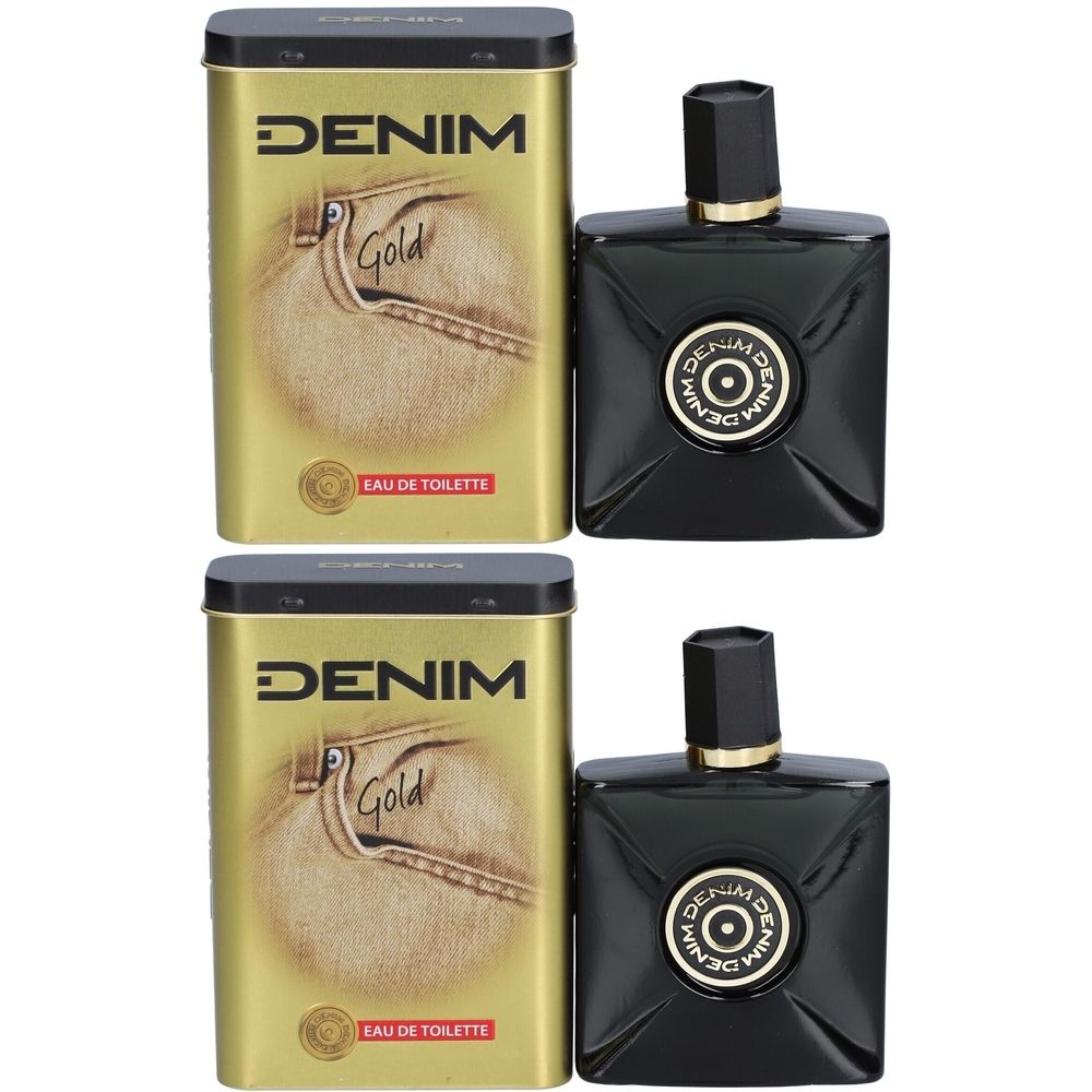 Zwei Flakons und zwei Dosen. Schwarzer Flakon mit goldenem Ring. Goldene Dose mit Aufdruck. Text: DENIM Gold, Eau de Toilette.