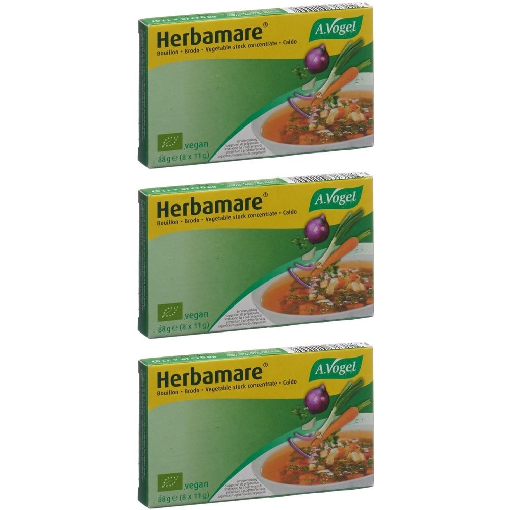 Trois boîtes vertes avec l'inscription Herbamare, A. Vogel. Label vegan. Illustration de bouillon de légumes.