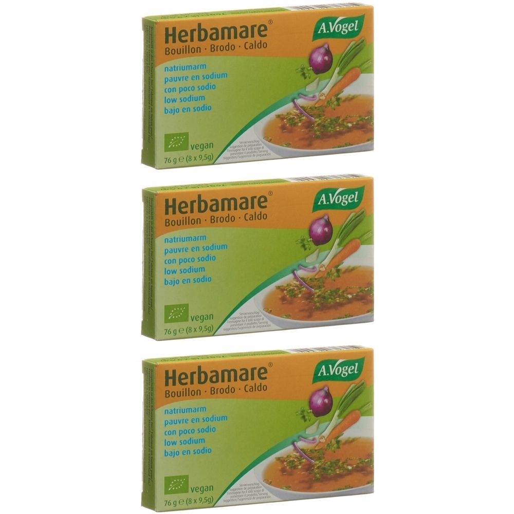 Drei Kartons Herbamare Bouillon. Aufschrift: natriumarm, vegan. Marke A. Vogel. Abbildung von Gemüse und Brühe.