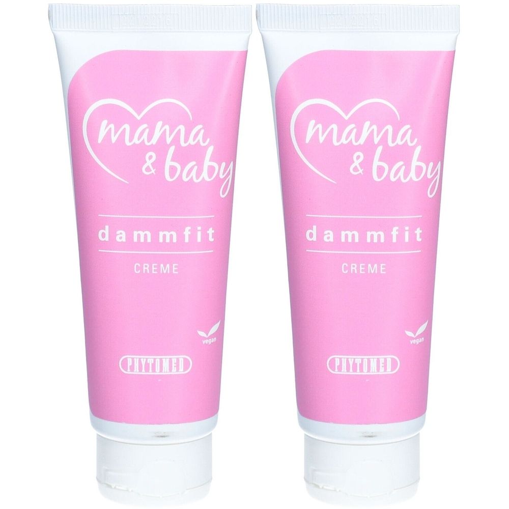 Zwei Tuben PHYTOMED Mama&Baby Dammfit Creme. Rosa Tuben mit weißer Schrift. Vegan-Siegel.