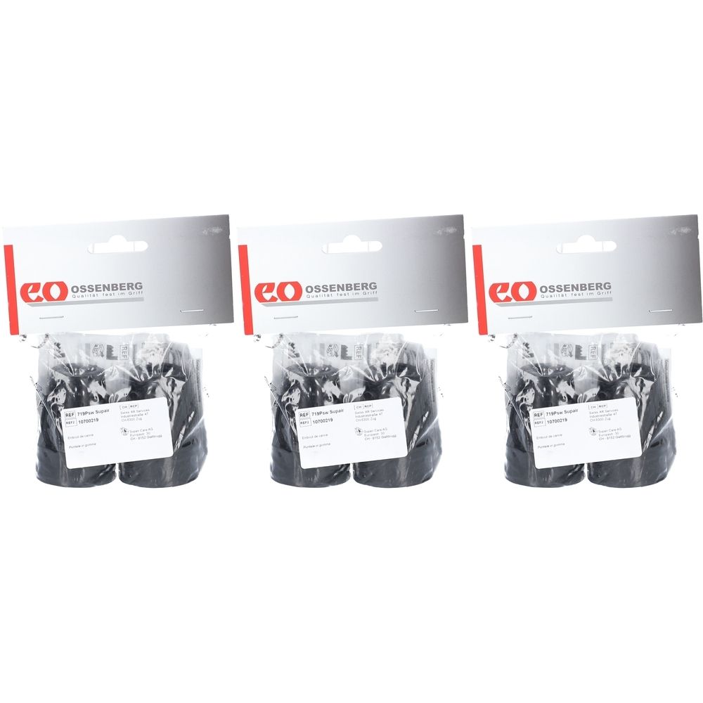 Drei Packungen OSSENBERG Krückenkapsel, 19mm, schwarz. Jede Packung enthält zwei Kapseln. Verpackt in Folie mit Pappaufhängern.