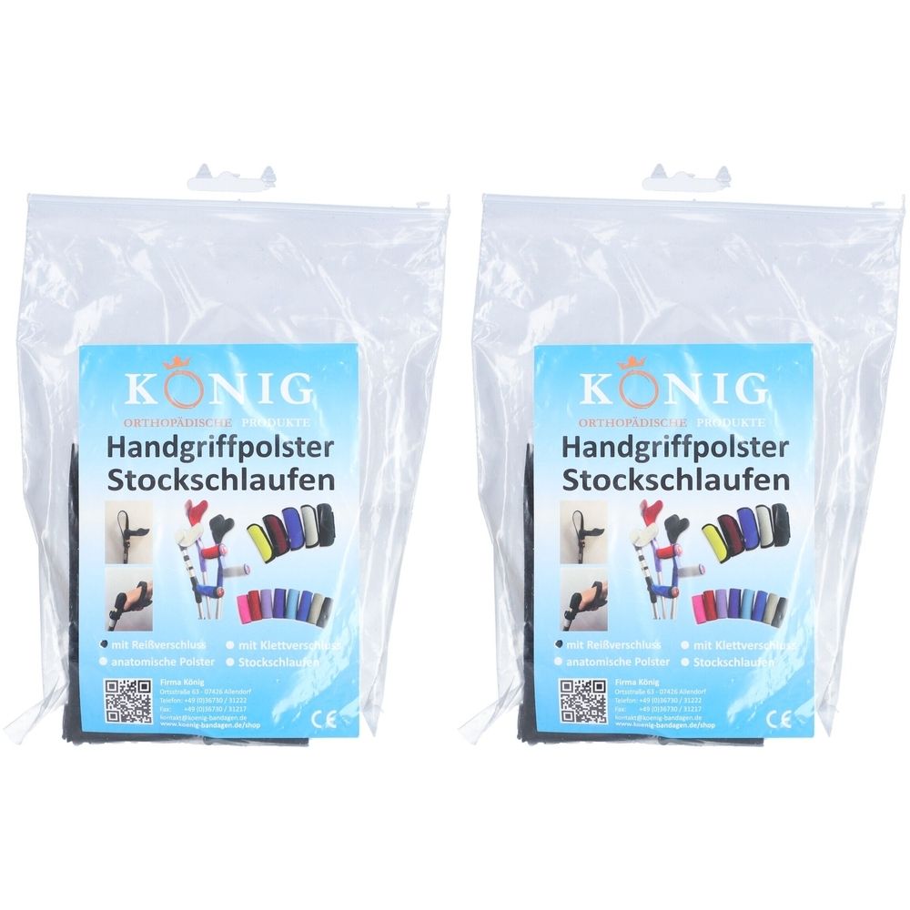 Zwei Packungen Griffpolster für Krücken. Jede Packung enthält ein Produkt mit dem Schriftzug KÖNIG. Schwarze Farbe, in Plastik verpackt.