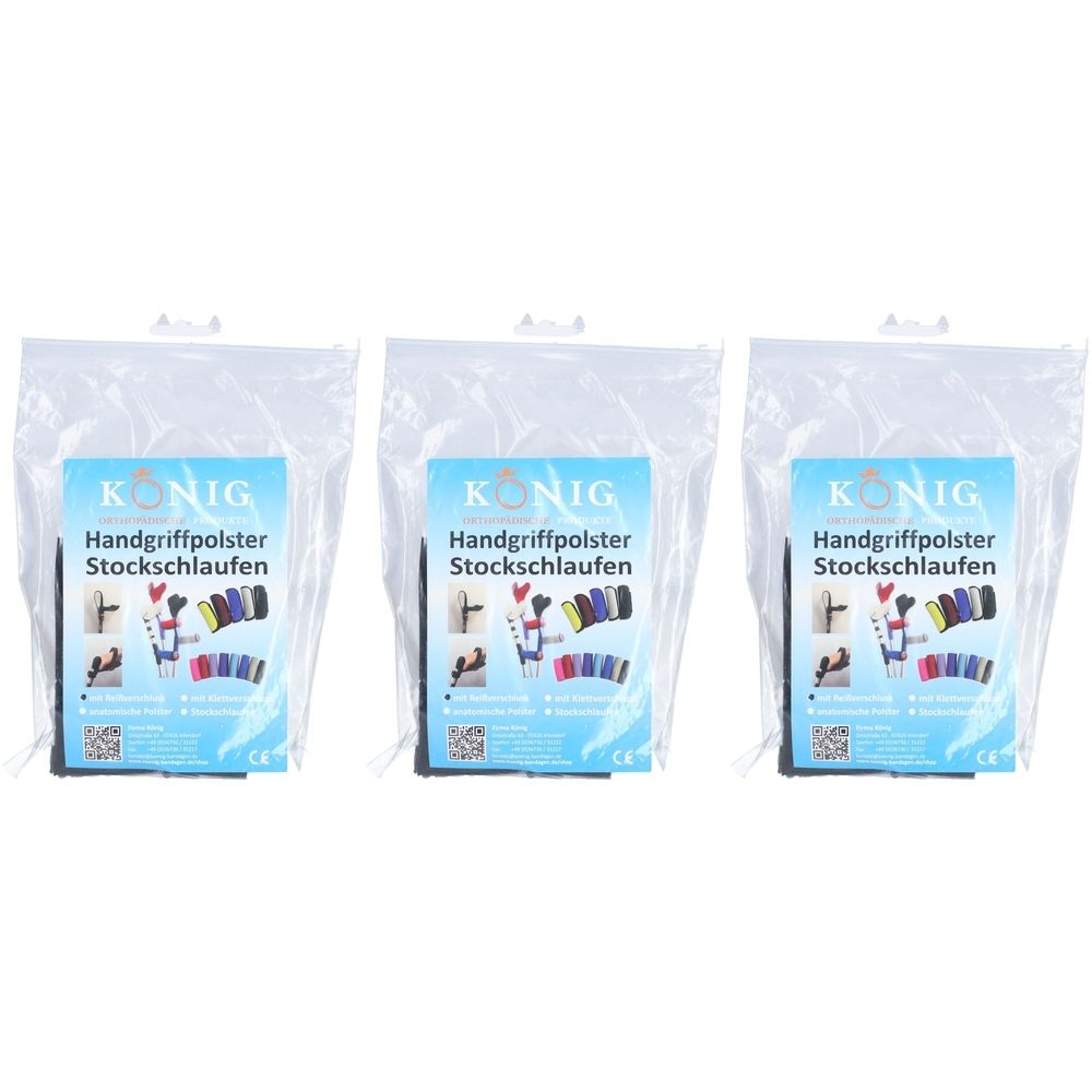 Drei verpackte KÖNIG Griffpolster Stockschlaufensets. Jedes Set in transparenter Folie mit blauem Etikett. Schwarze Griffpolster sichtbar.
