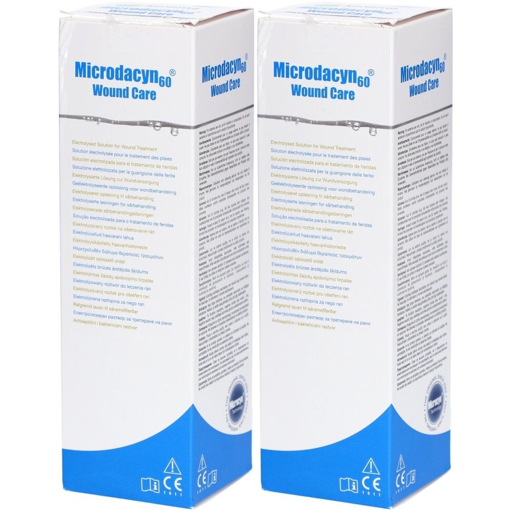 Deux boîtes blanches avec texte bleu. Inscription: Microdacyn60 Wound Care. Marquage CE.