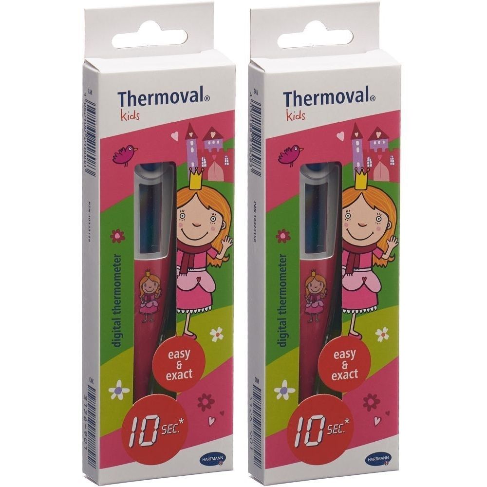 Deux thermomètres numériques Thermoval Kids dans leur emballage. Inscriptions : Thermoval, Kids, digital thermometer, easy & exact, 10 sec.