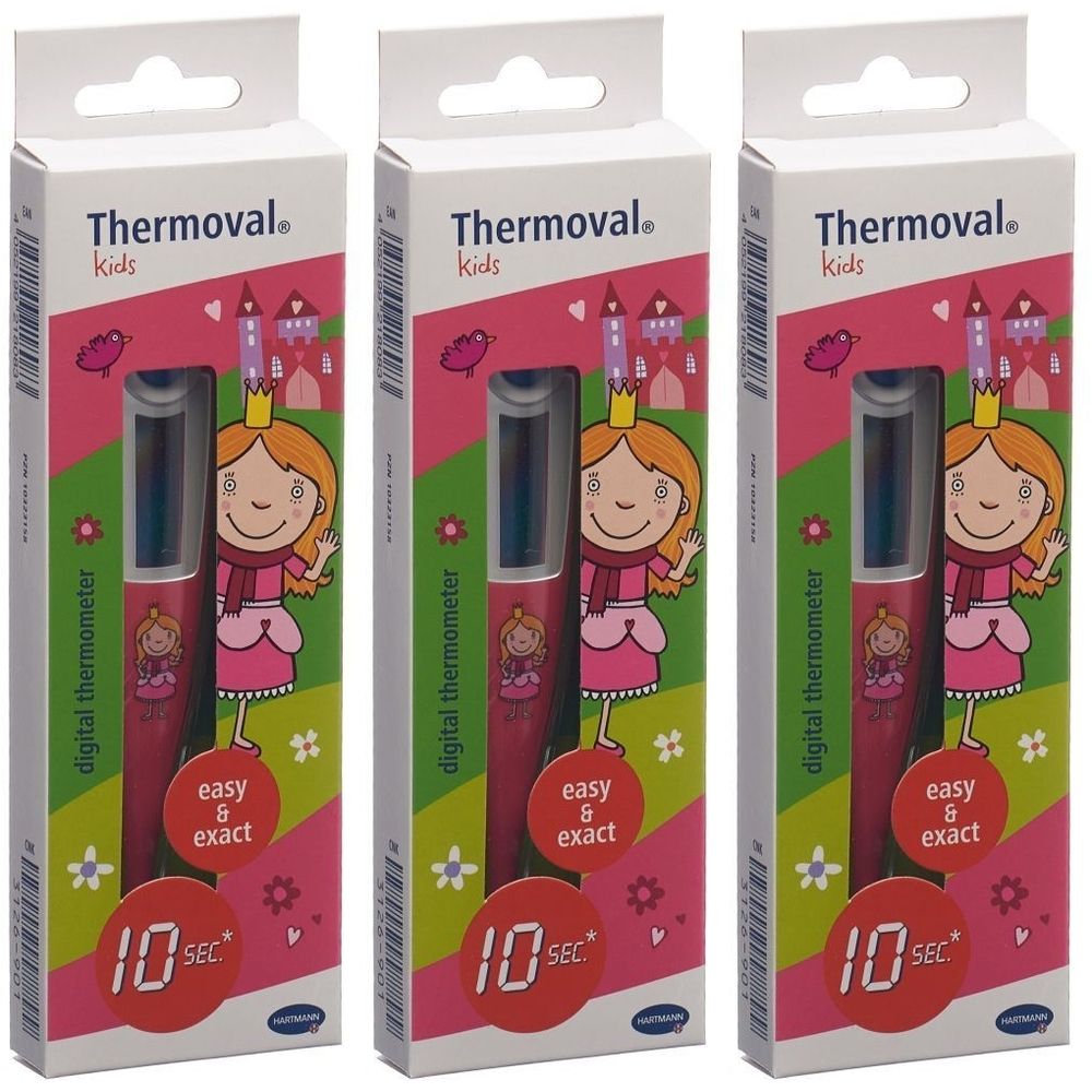 Trois boîtes de Thermoval Kids. Chaque boîte présente un thermomètre numérique, une illustration de princesse et l'inscription "easy & exact".
