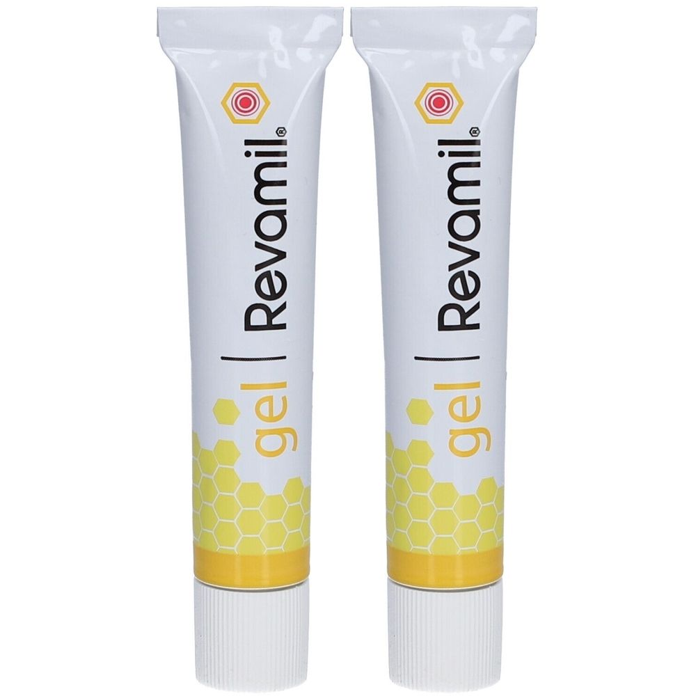 Zwei Tuben Revamil Gel. Weiße Tuben mit gelbem Aufdruck und Honigwabenmuster. Produktname und Logo sichtbar.