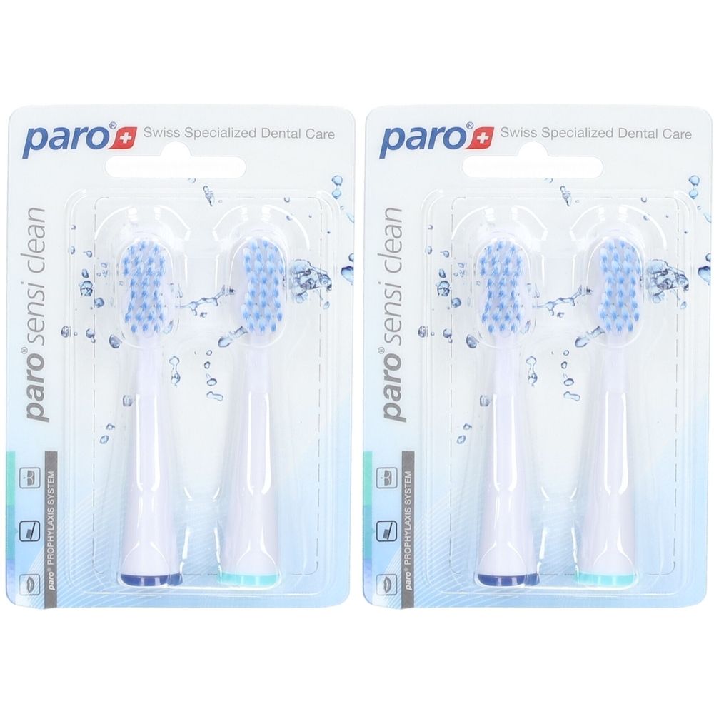 Zwei Zahnbürstenköpfe in Blisterverpackung. Marke: paro. Blaue Borsten, weißer Griff. Aufschrift: paro sensi clean.