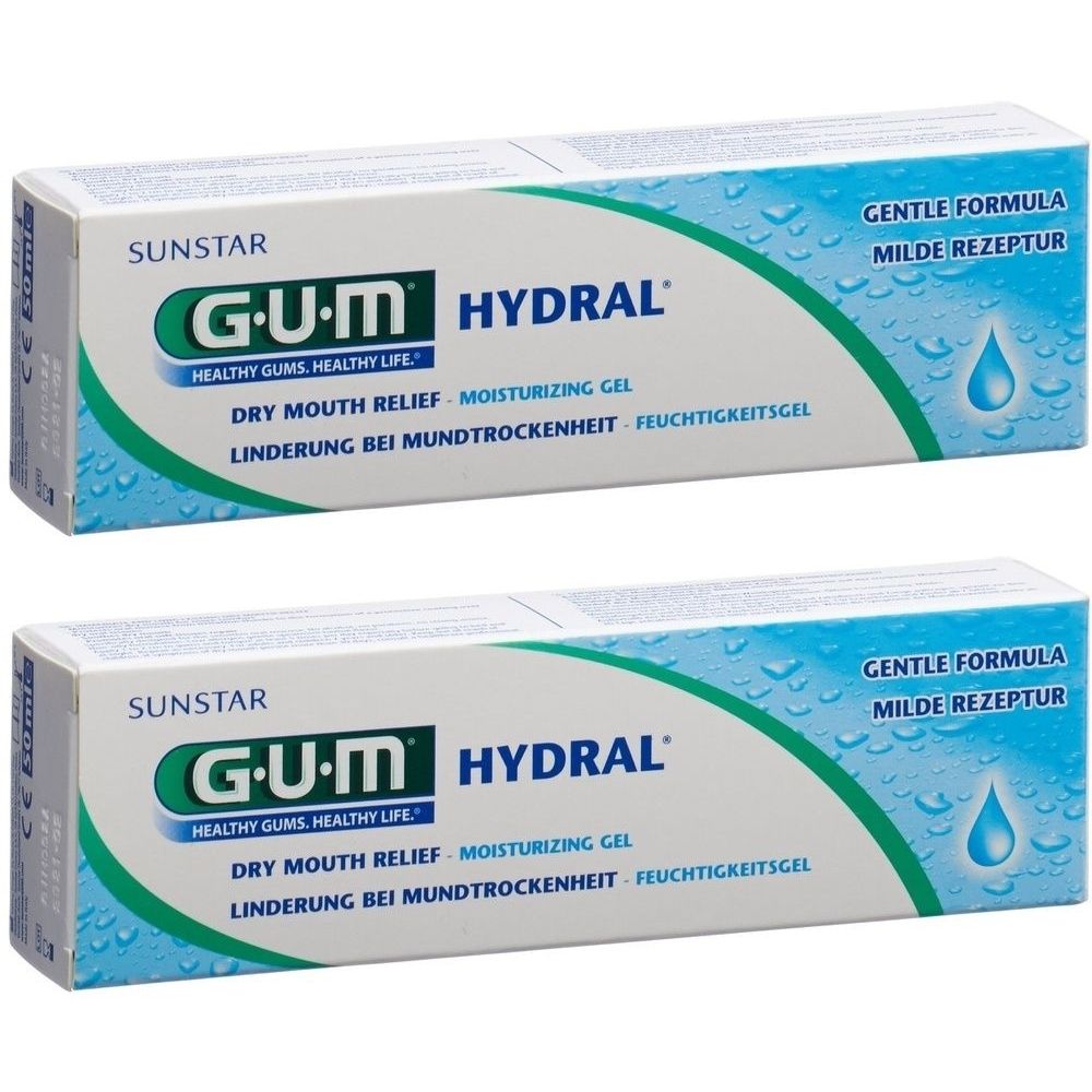 Zwei Packungen GUM Hydral Feuchtigkeitsgel. Weiße Schachteln mit blauem Design und Produktnamen. Text: Dry Mouth Relief, Moisturizing Gel.