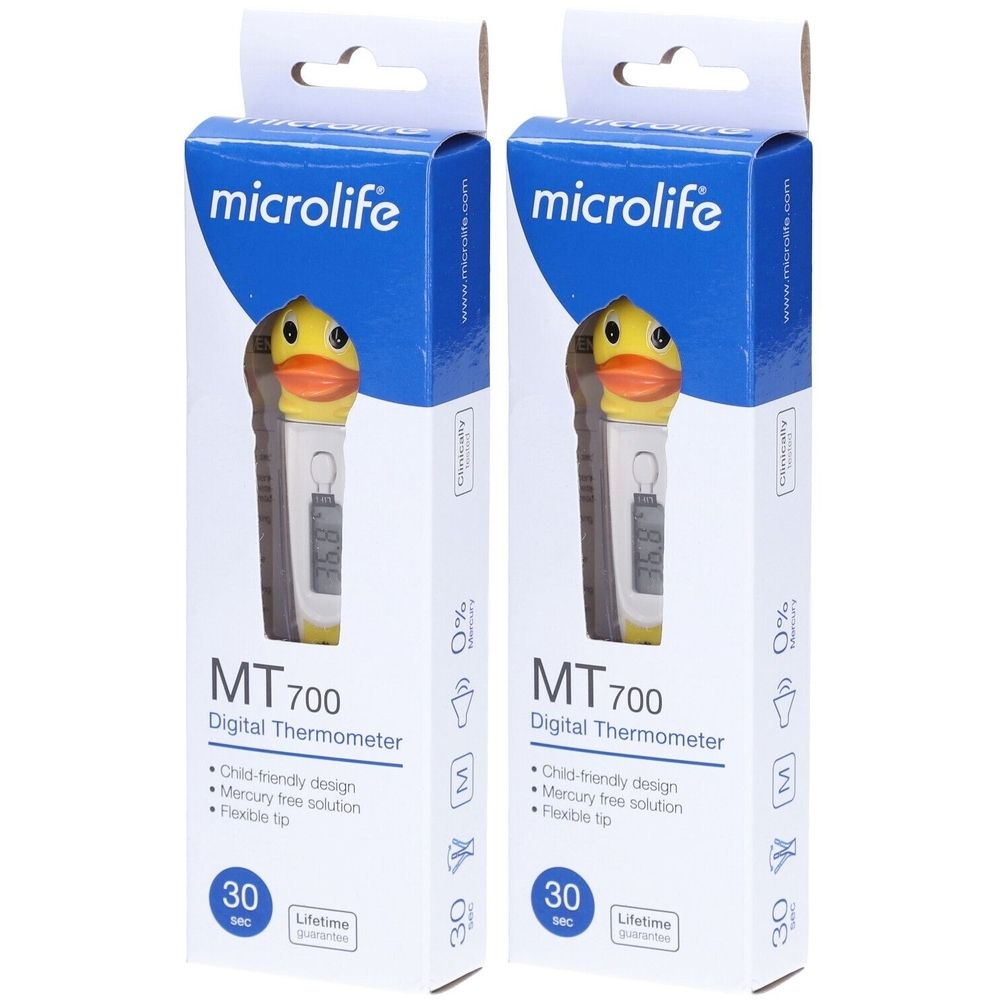 Zwei Thermometer in Verpackungen. Auf der Verpackung steht "microlife", "MT 700", "Digital Thermometer". Das Thermometer hat einen Entenkopf.