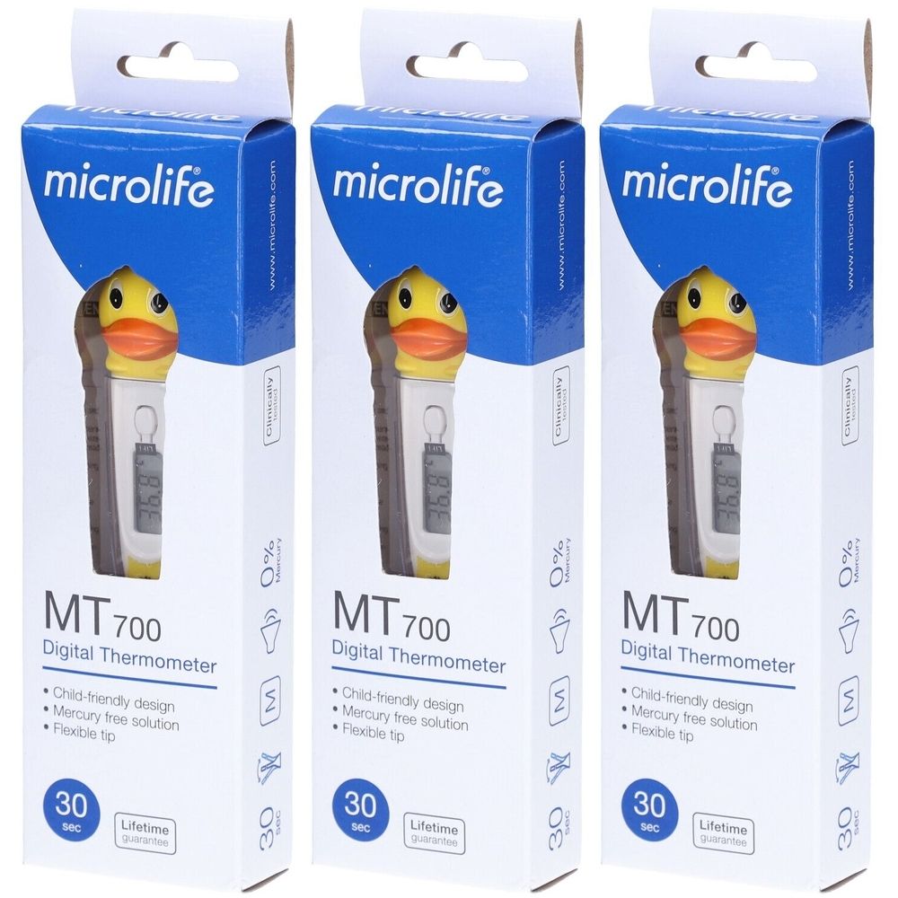 Drei Thermometer in Verpackungen. Jedes zeigt ein digitales Thermometer mit Enten-Design. Auf der Verpackung steht "microlife" und "MT 700 Digital Thermometer".