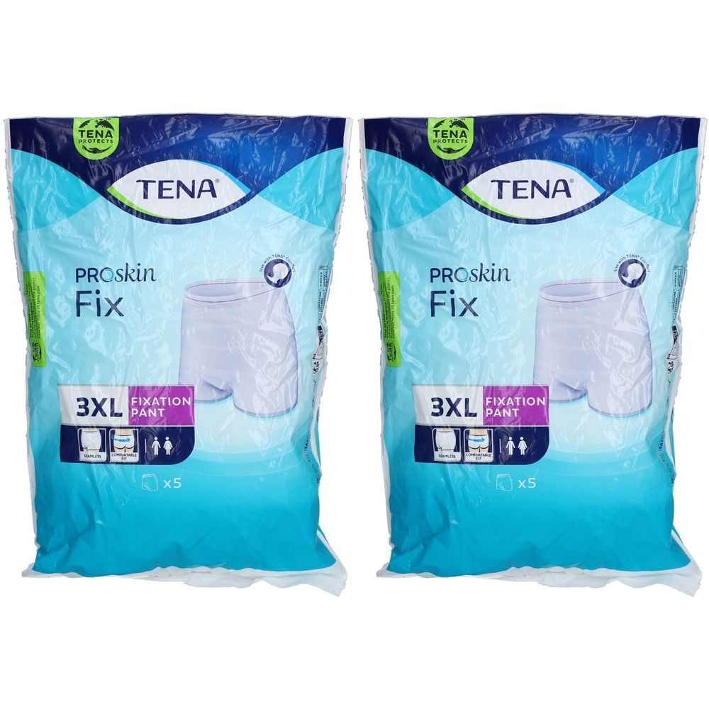 Zwei Beutel TENA ProSkin Fix Fixierhosen XXXL. Verpackung mit Produktabbildung und Größenangabe 3XL. Marke TENA.
