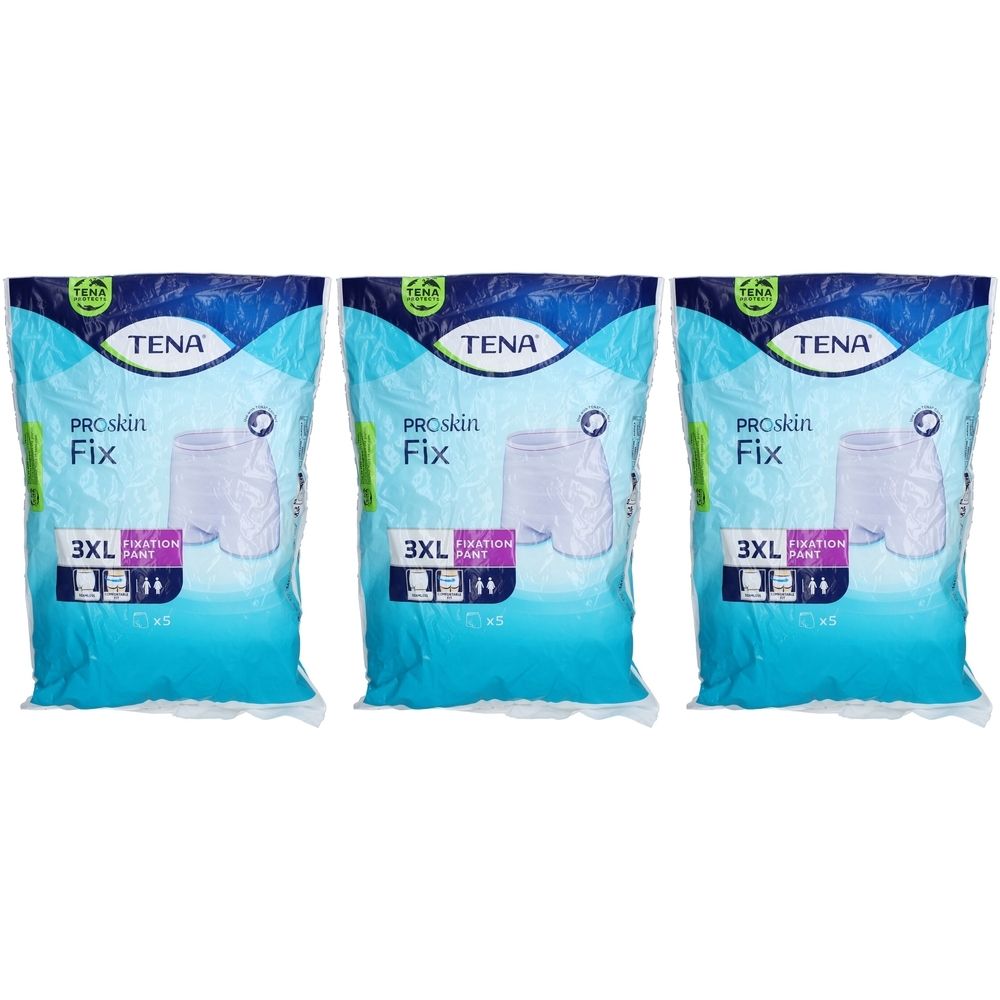 Drei Packungen TENA Fix Fixierhosen XXXL. Jede Packung zeigt eine weiße Fixierhose. Aufdrucke: TENA, ProSkin, Fix, 3XL.