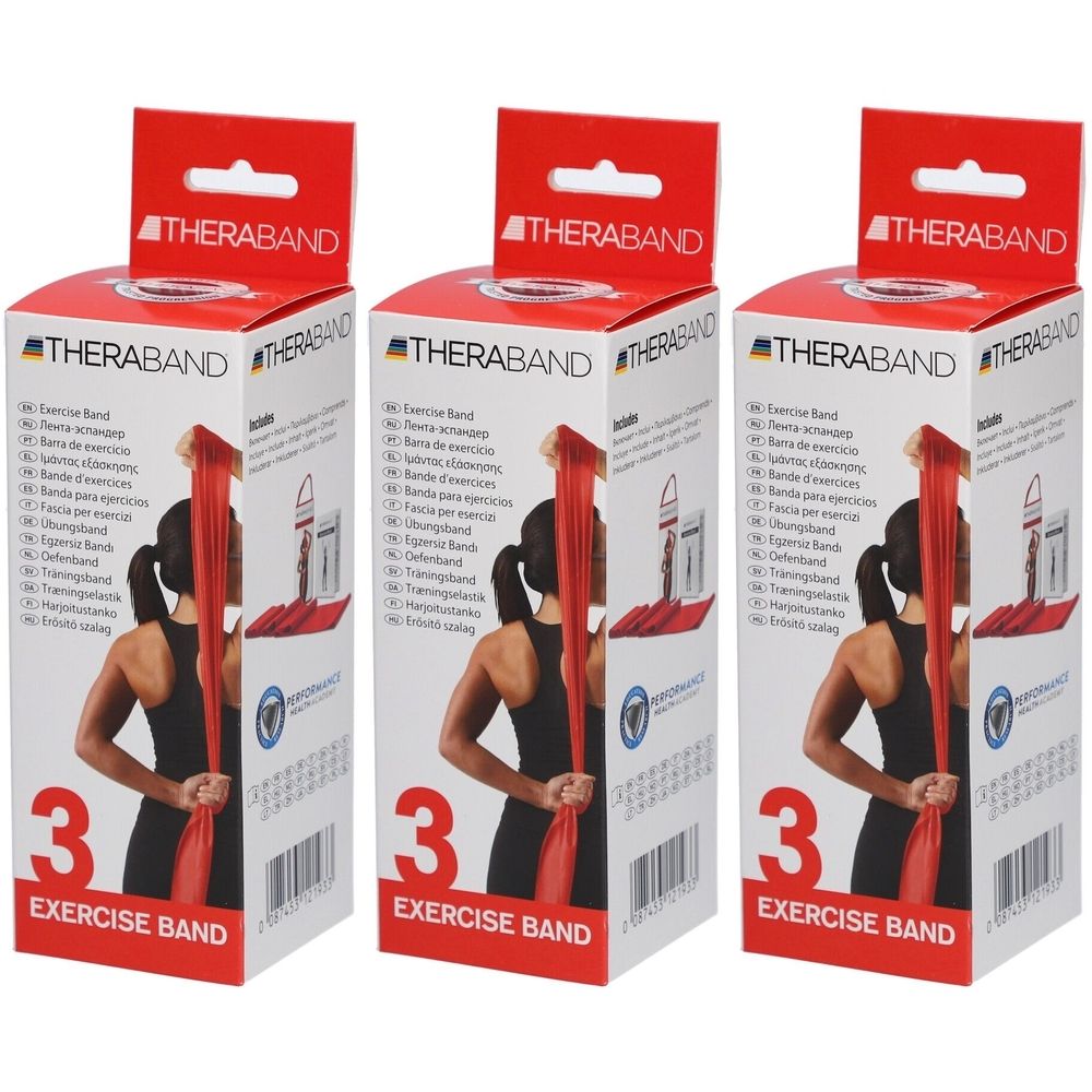 Drei rote TheraBand Übungsbänder in Verpackung. Aufdruck: TheraBand, Exercise Band, 3.