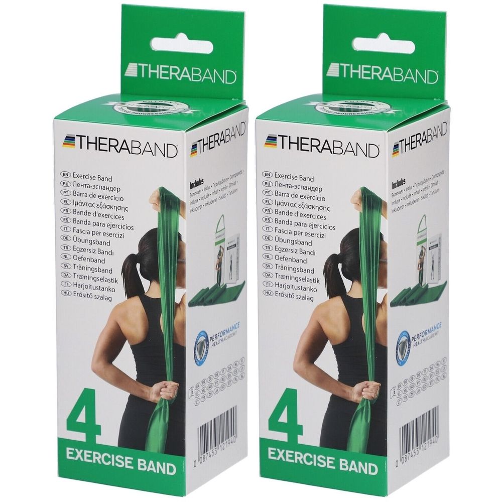 Zwei grüne TheraBand-Boxen. Aufdruck: THERABAND, Exercise Band, 4. Eine Frau hält ein grünes Band. Inklusive Tasche.