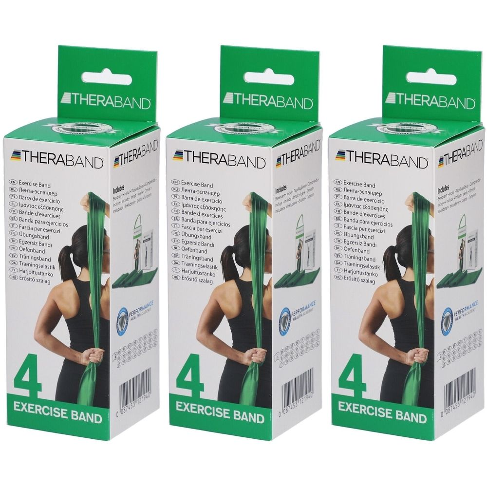 Drei grüne TheraBand-Verpackungen. Aufdruck: THERABAND, 4 EXERCISE BAND. Eine Frau hält das Band. Grün, mit Tasche.