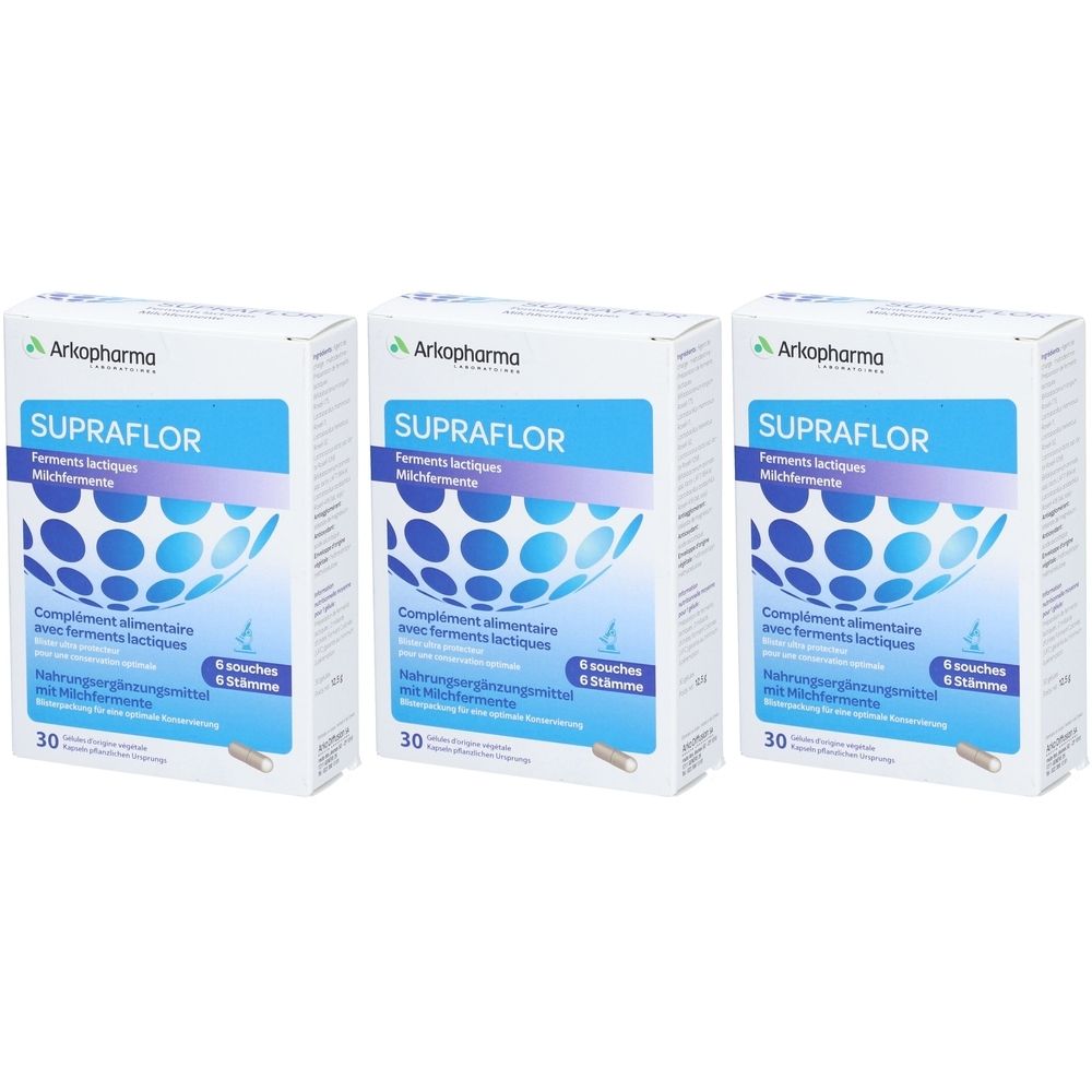 Drei Schachteln Arkopharma Supraflor. Blaue und weiße Verpackung mit Produktnamen und Logo. Enthält 30 Beutel und 6 Stämme.