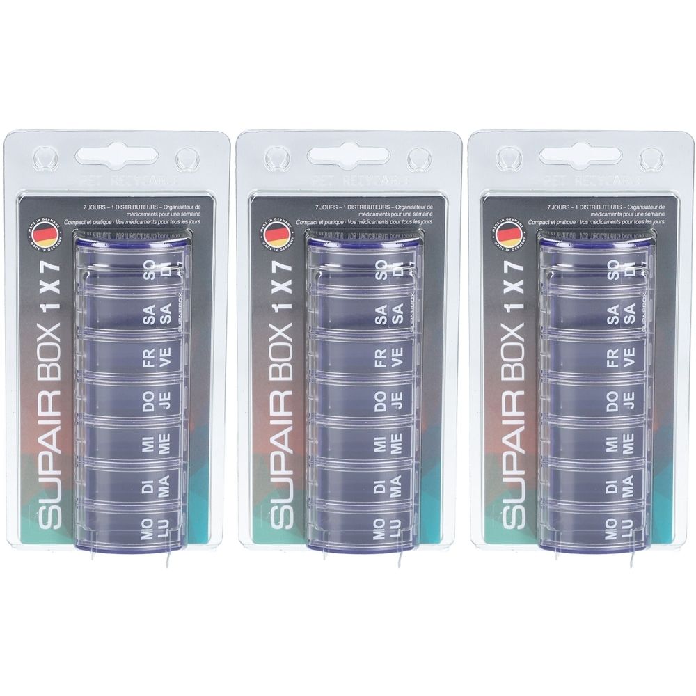 Drei Wochenplaner in Blisterverpackung. Jeder Planer hat sieben Fächer mit Tagesbeschriftungen. Marke SUPAIR BOX 1X7.