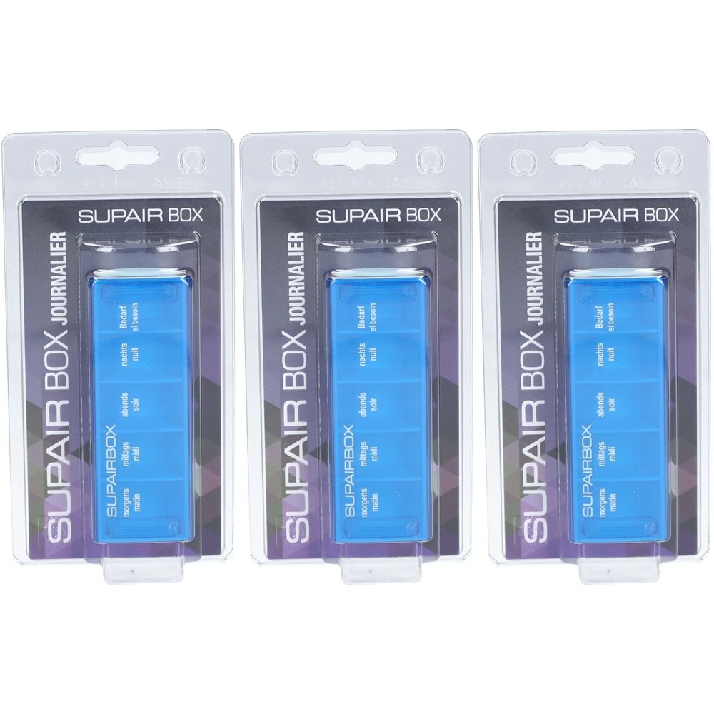 Drei blaue Tablettenboxen in Einzelverpackungen. Auf jeder Verpackung steht SUPAIR BOX JOURNALIER.