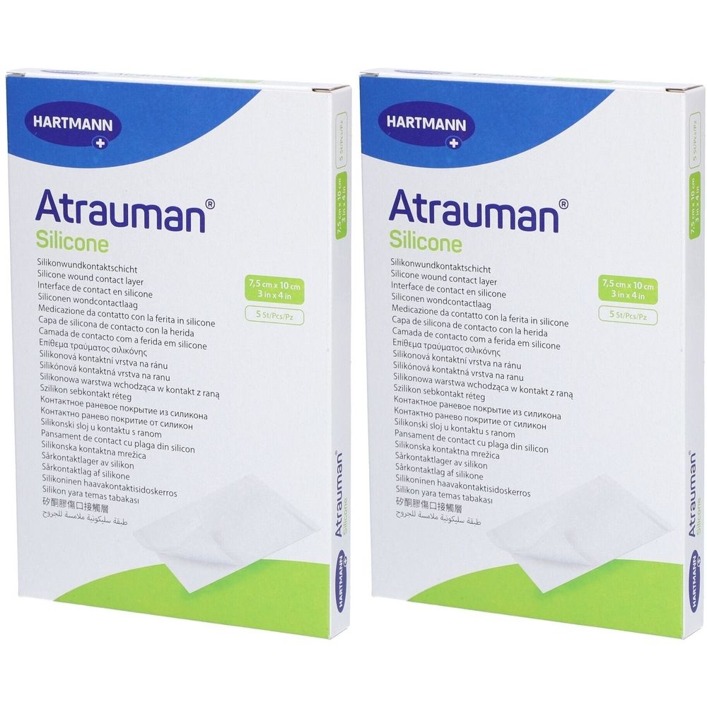 Zwei Packungen Atrauman Silicone. Blaue und grüne Verpackung mit Produktnamen und Logo. 10 Stück pro Packung.