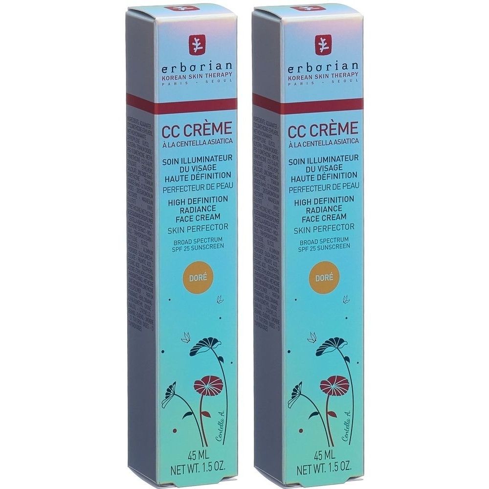 Zwei Schachteln mit Produktaufdrucken. Aufschrift: CC Crème, Hautperfektionierer, Sonnenschutz. Marke: Erborian.