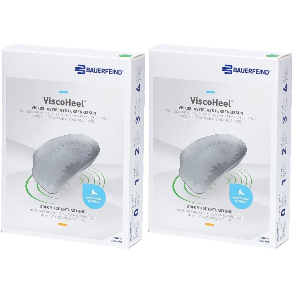 Zwei weiße Kartons mit Produktabbildung und Schriftzug ViscoHeel. Marke Bauerfeind. Aufdruck: viskoelastisches Fersenkissen.