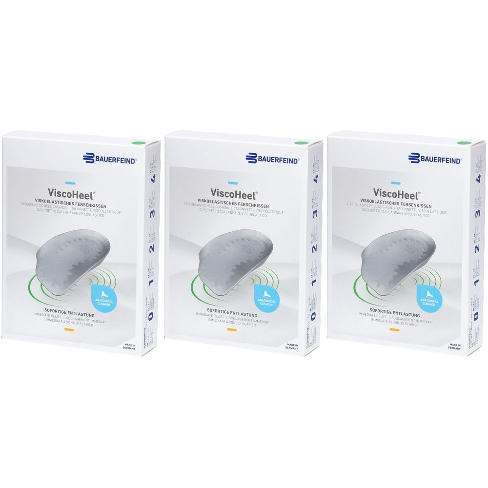 Drei Produktverpackungen von ViscoHeel. Auf jeder Verpackung ist ein Fersenkissen abgebildet. Marke: Bauerfeind.