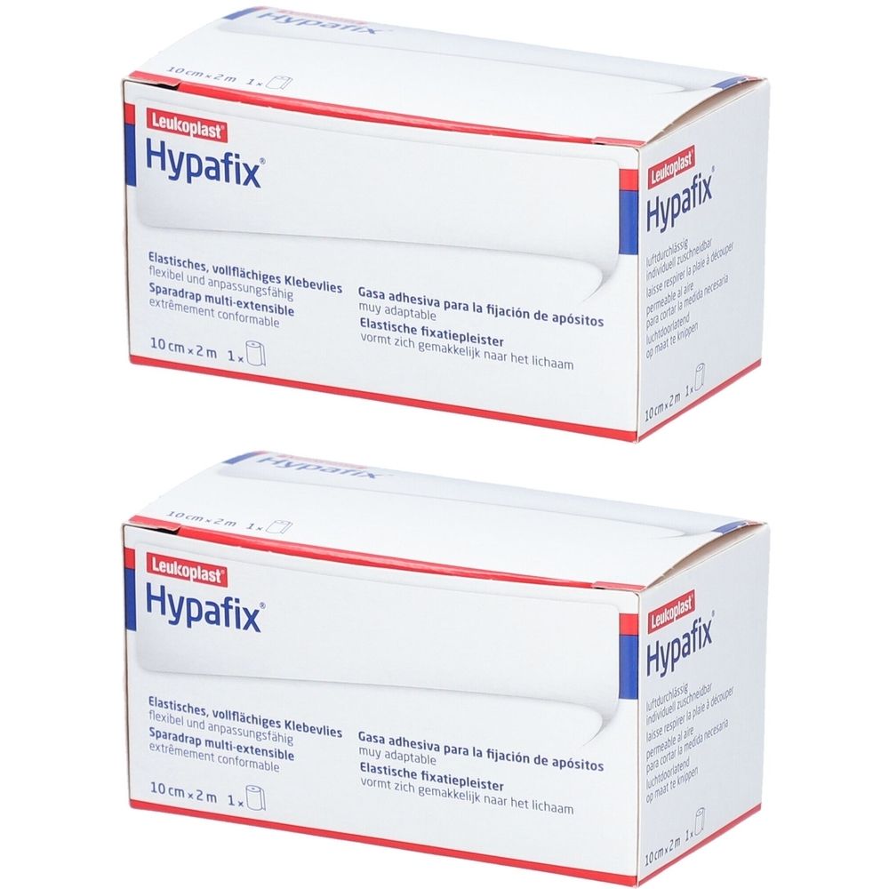 Deux boîtes blanches. Inscription: Hypafix, 10 cm x 2 m. Marque: Leukoplast. Emballage de sparadrap.