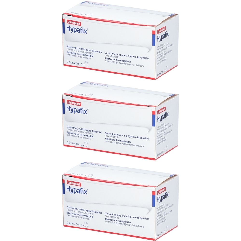 Trois boîtes blanches avec texte rouge et bleu. Marque: Hypafix. Texte multilingue.