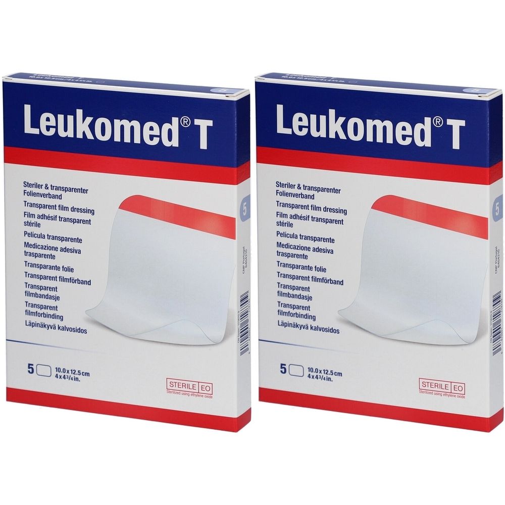 Deux boîtes de pansements Leukomed T. Emballage blanc avec accent rouge. Inscription : Pansement stérile, 10 x 12,5 cm.