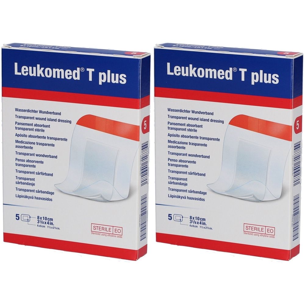 Deux boîtes de Leukomed T plus. Chaque boîte contient 5 pansements stériles. Dimensions : 8 x 10 cm.