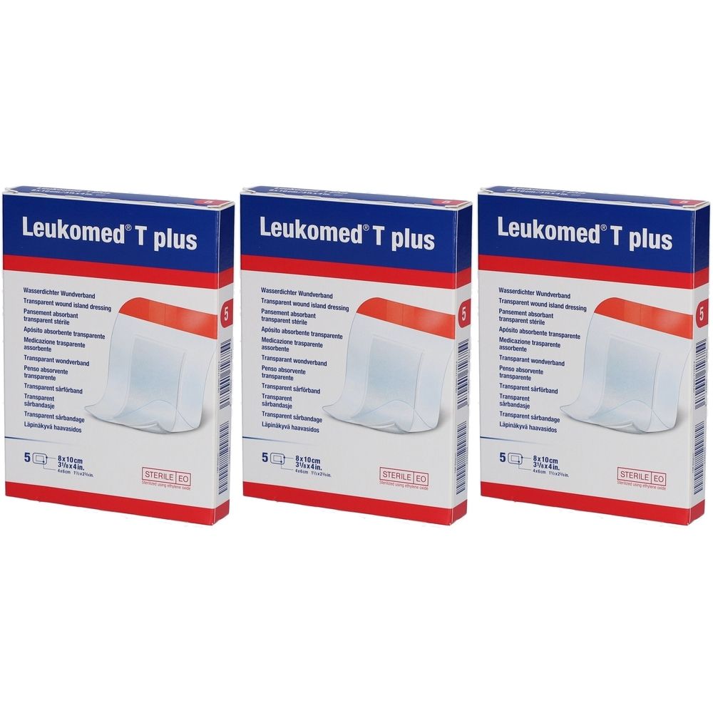 Trois boîtes de Leukomed T plus. Chaque boîte contient 5 pansements stériles. Inscription: Pansement transparent, 8 x 10 cm.