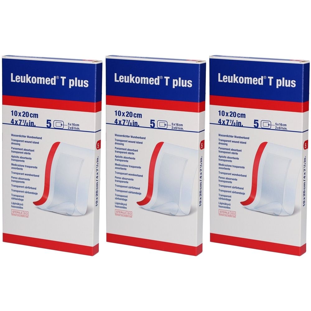 Trois boîtes de Leukomed T plus. Chaque boîte indique 10x20cm, 5 pièces. Pansement transparent. Détails rouges et bleus.