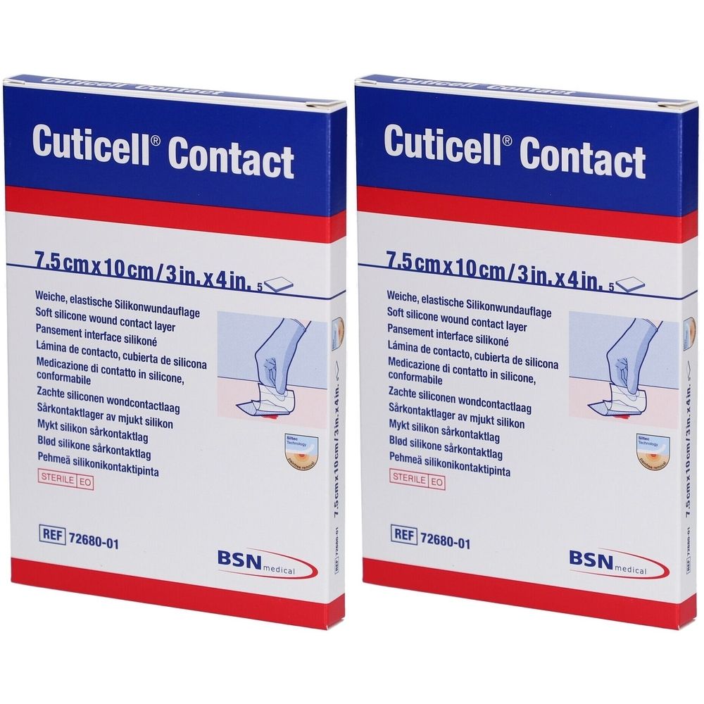 Deux boîtes de Cuticell® Contact. Inscription : 7,5 cm x 10 cm. Pansement interface silicone. Logo BSN medical.