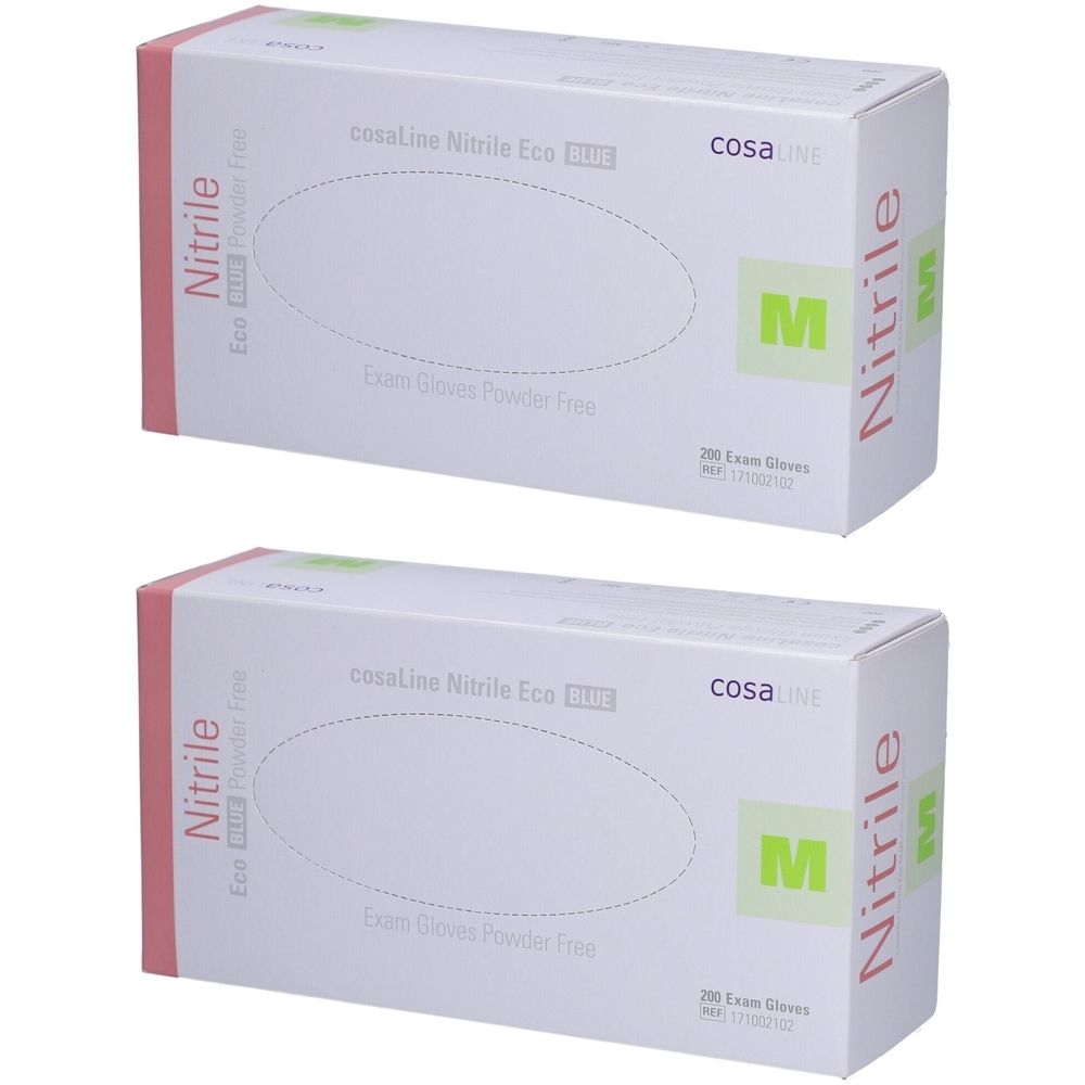 Zwei Kartons cosaLine Nitril Eco Untersuchungshandschuhe. Aufdruck: Nitril, M, puderfrei. Verpackung mit rosa Akzenten.