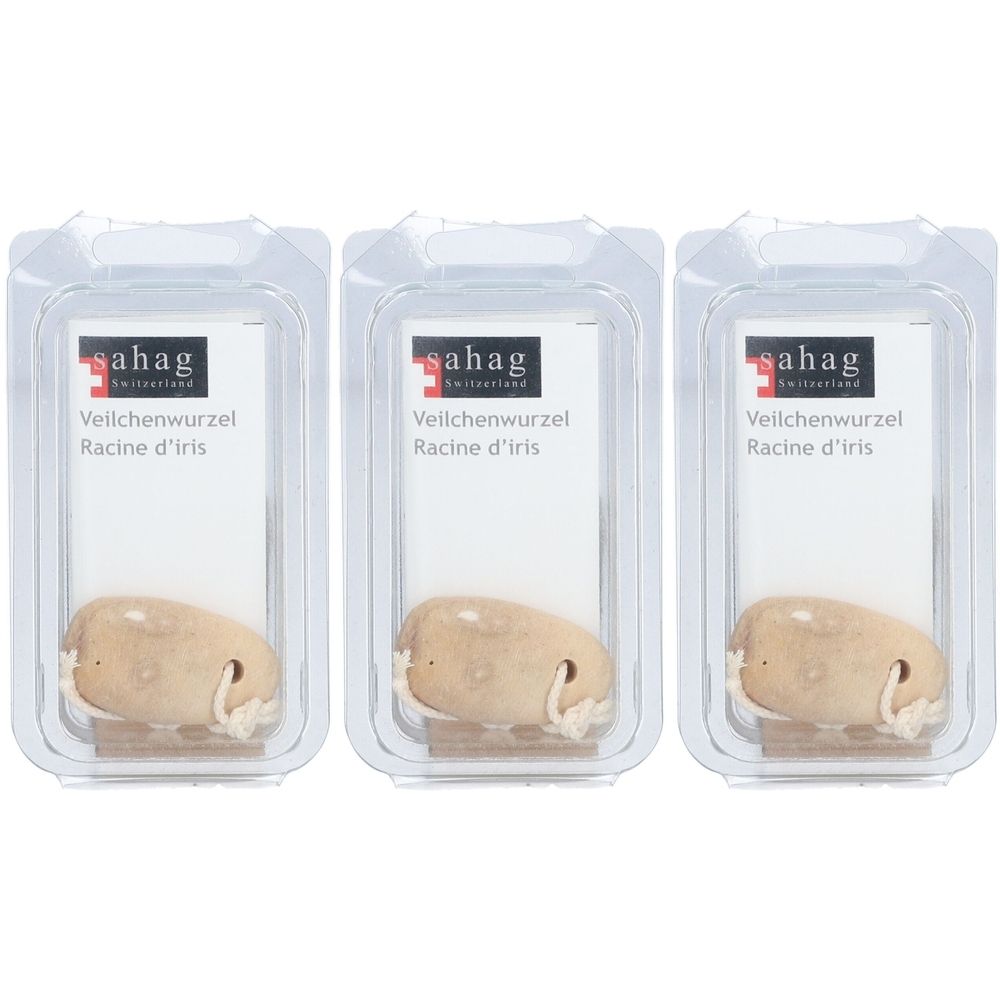 Trois emballages de Sahag Racine d'iris avec cordon. Chaque emballage contient une racine dans un emballage plastique transparent.
