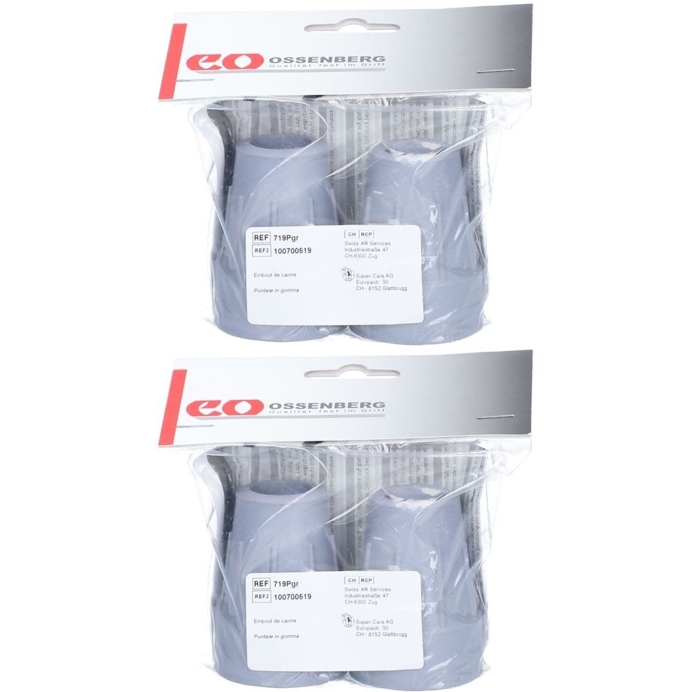 Zwei Packungen mit je zwei grauen OSSENBERG Krückenkapseln. Die Verpackung zeigt das Logo und Produktinformationen.