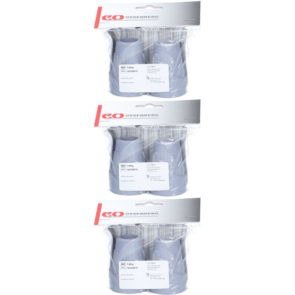 Drei Packungen OSSENBERG Krückenkapseln, grau, 19mm. Jede Packung enthält zwei Kapseln in Folienverpackung mit Etikett und Markenlogo.