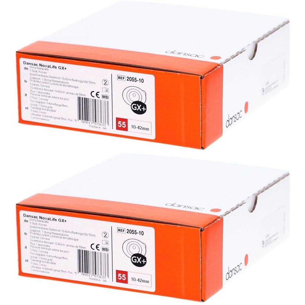 Zwei weiße Kartons mit orangefarbenen Akzenten. Aufdrucke: Dansac, NovaLife GX+, REF 2055-10, GX+, 55 10-42mm. CE-Kennzeichnung.