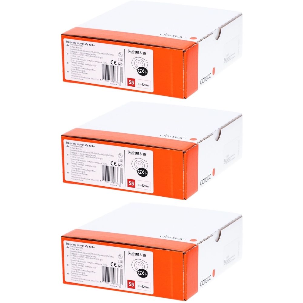 Drei weiße Kartons mit orangefarbenen Akzenten. Aufdrucke mit Produktinformationen und dem Logo von Dansac.