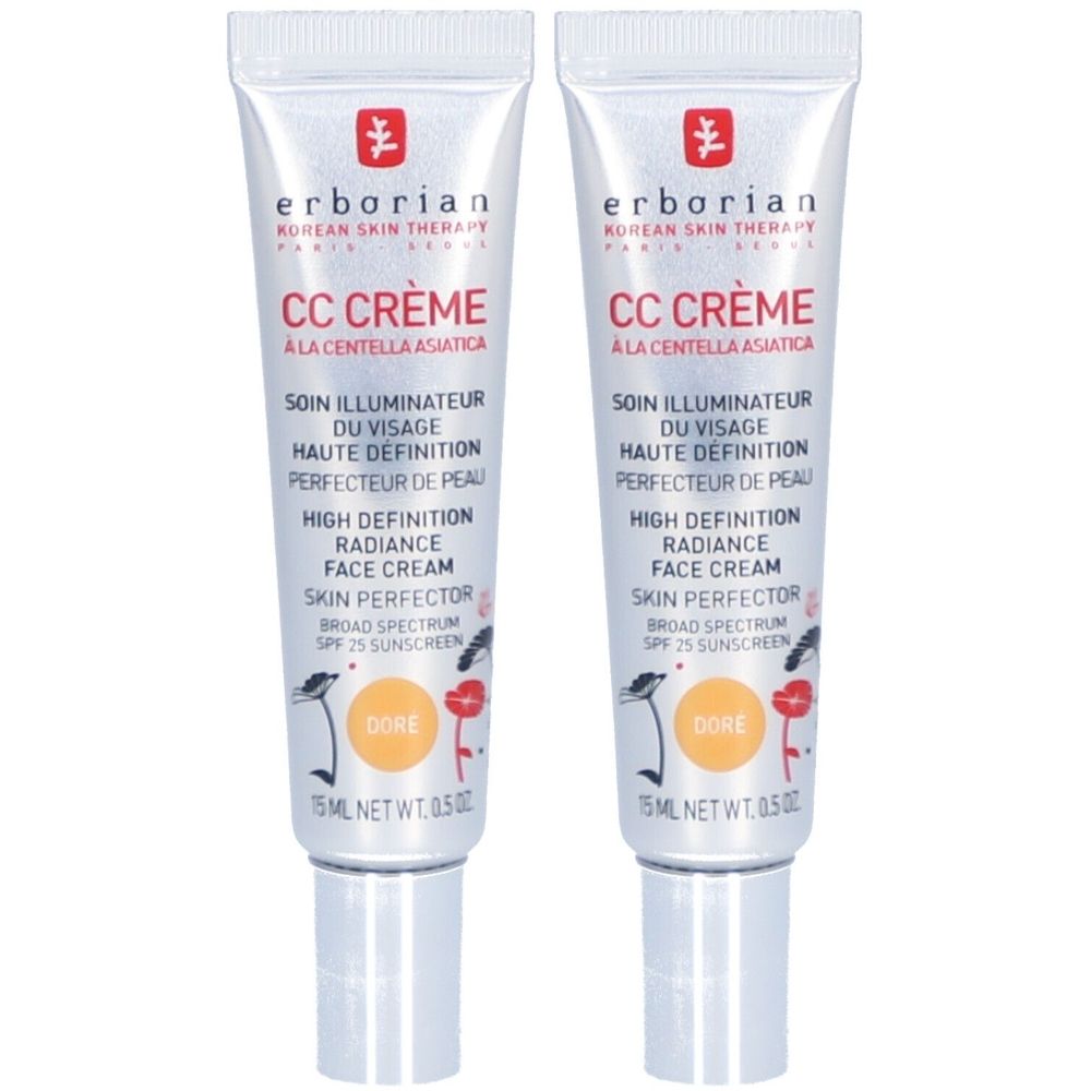 Zwei Tuben Erborian CC Crème. Weiße Tuben mit Produktbezeichnung und Logo. Enthält Text in Französisch und Englisch.